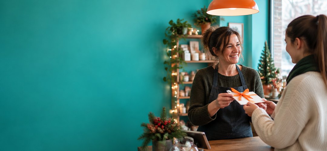 Carte cadeau Noël salarié 2026 Carte cadeau Noël salarié offerte par une dirigeante de TPE à une salariée